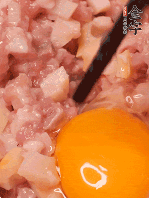 豬肉末、咸肉丁，分次加蔥姜水，一勺糖、一丟白胡椒，春筍丁，打入一個雞蛋